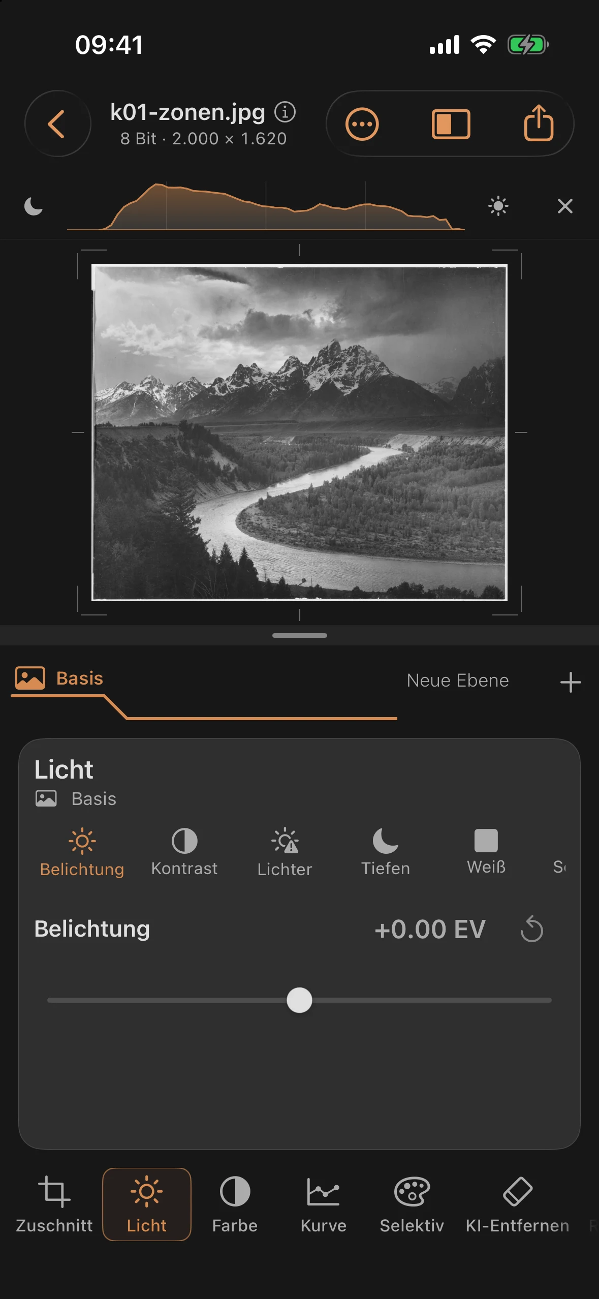 Mobile Darkroom mit dem unbearbeiteten Scan: Teton-Kette und Snake River, alle Regler auf null